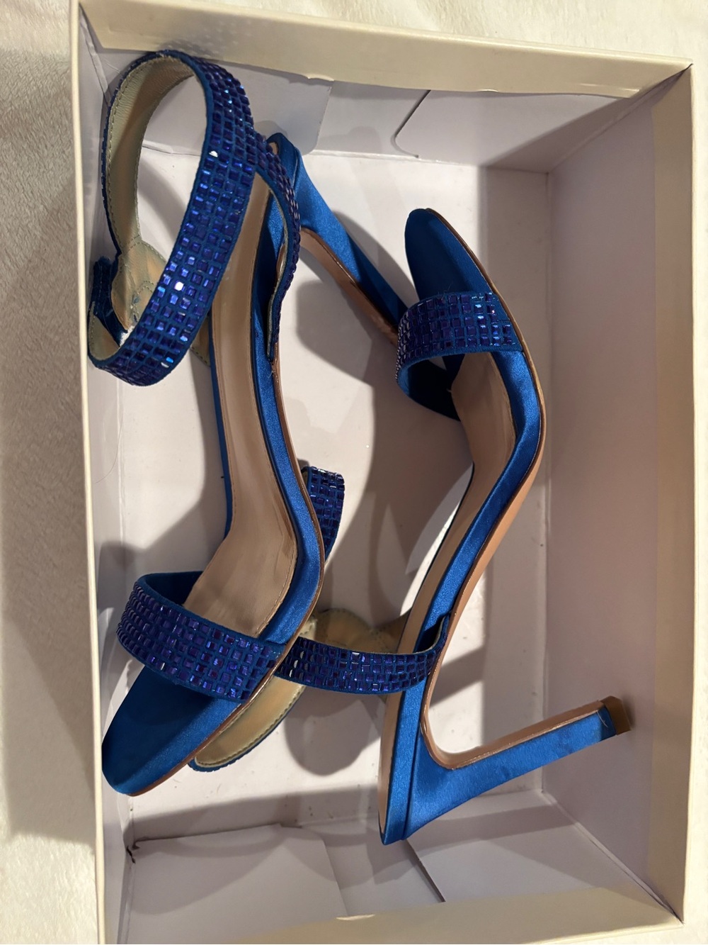 Maripe Cobalt Blue Satin Heeled Sandals with Crystal-Strap Accent